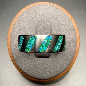 Size 10 Titanium Ring Inlaid Sky Blue Opal And Black Tourmaline With Aqua Glow!